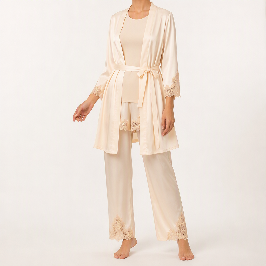 Beatrice | Womens Satin Cami Robe Lounge Set, Champagne