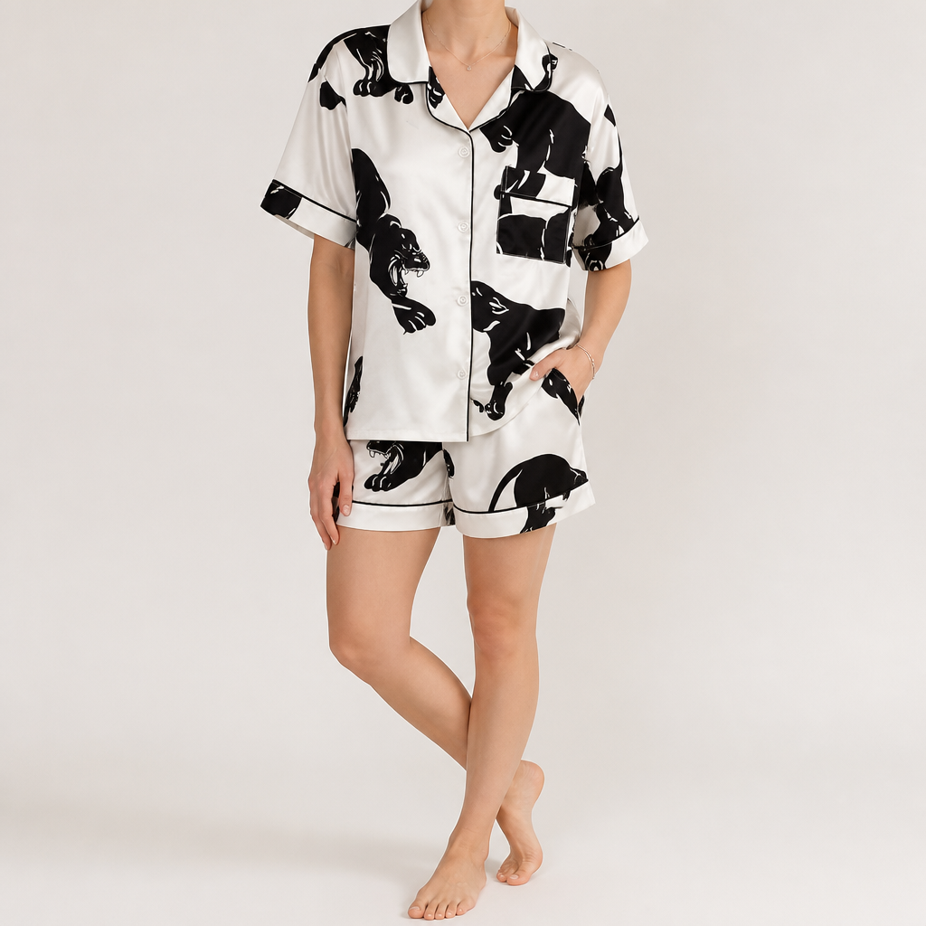 Odette | Womens Short Sleeve Satin Pyjama Set, White 5