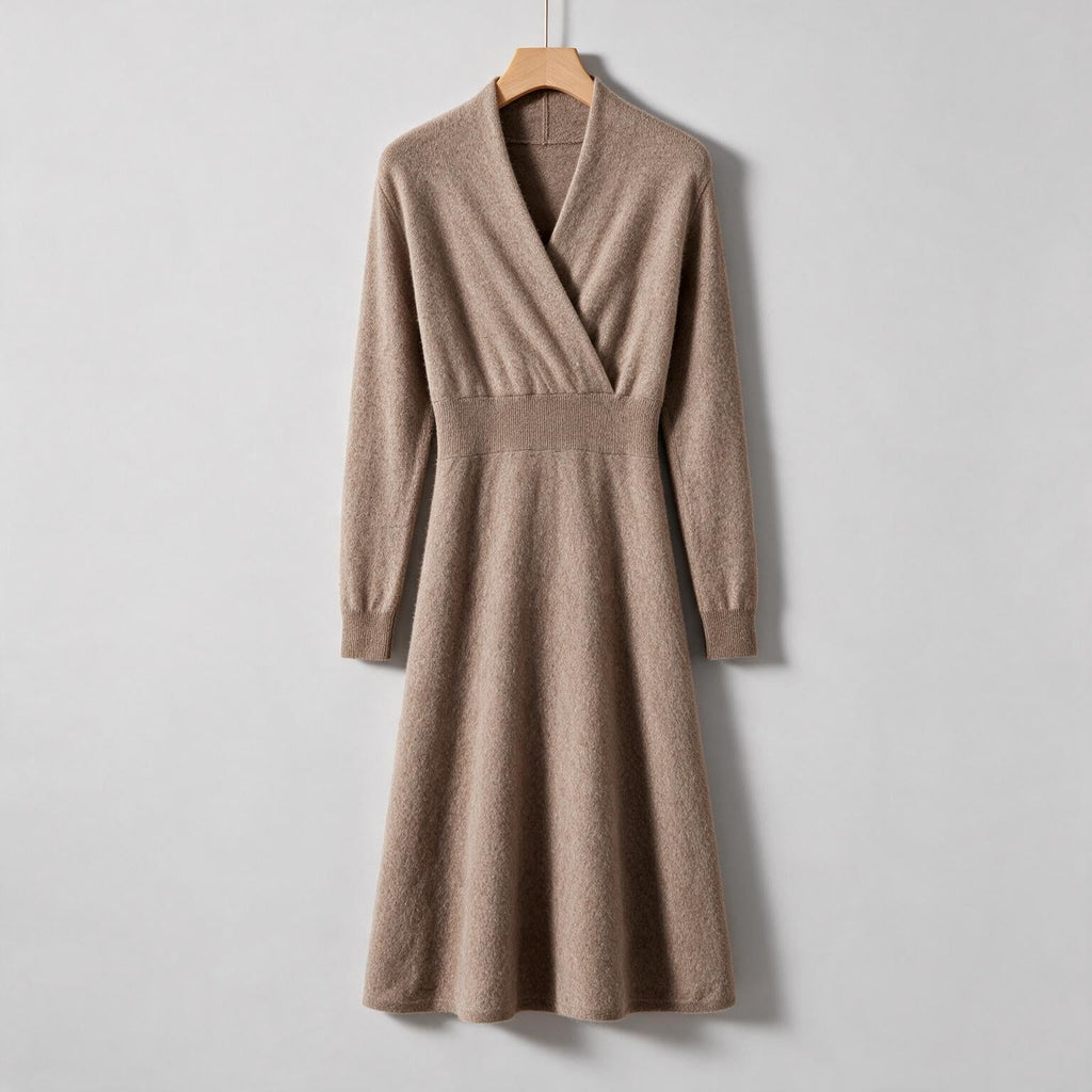 Genevieve | Womens Cashmere Knitted V Neck Midi Jumper Wedding Guest Dresses on hanger