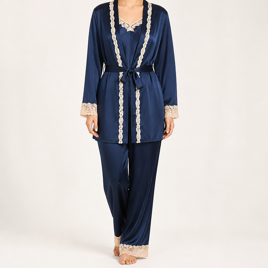 Beatrice | Womens Satin Cami Robe Lounge Set, Navy Blue
