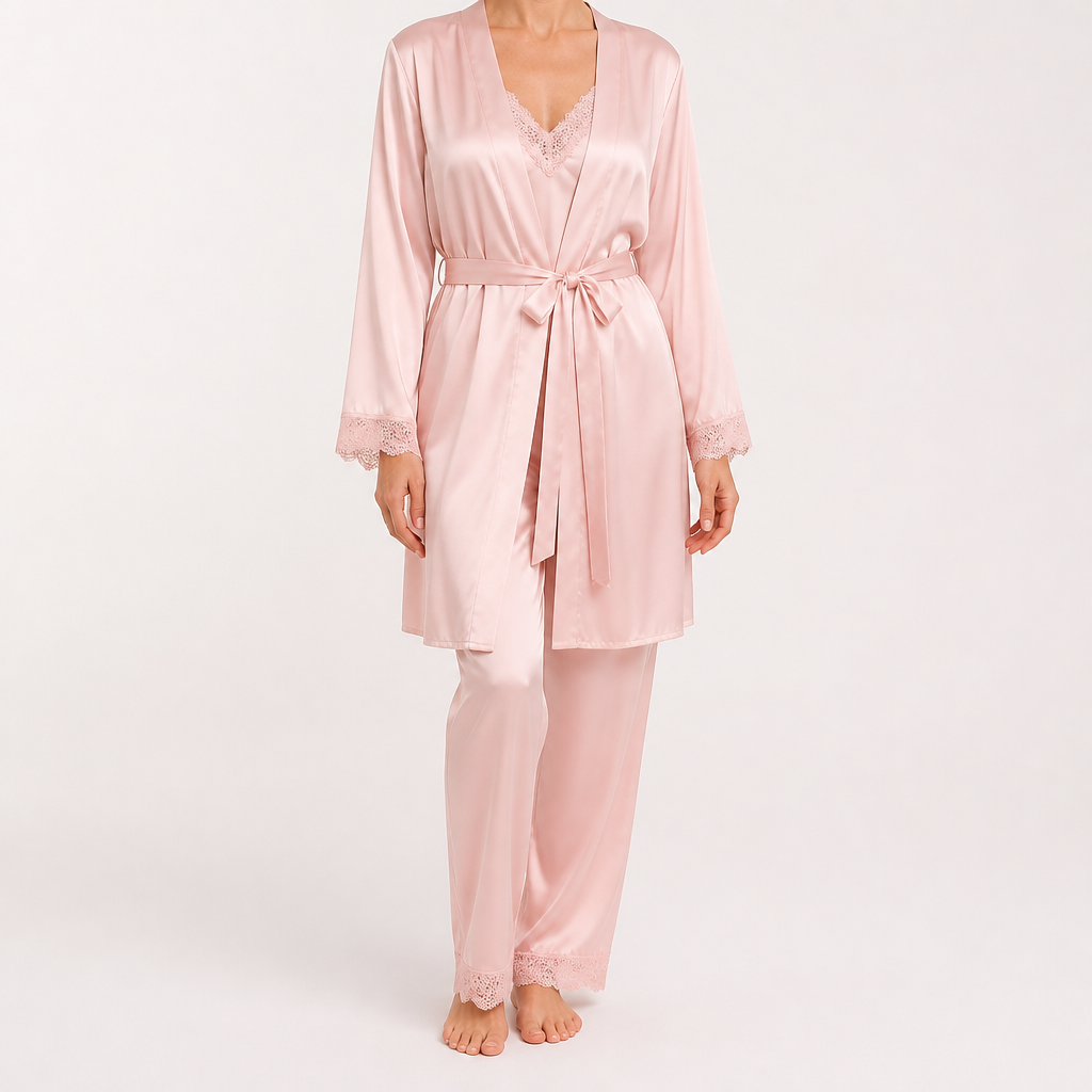 Beatrice | Womens Satin Cami Robe Lounge Set, Pink 2