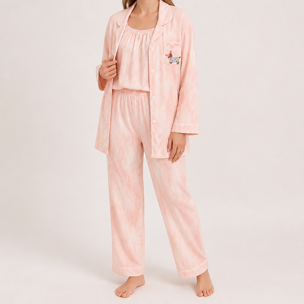 Rosalind | Womens Long Sleeve Button Up Cotton Pyjama Set Loungewear, Pink 9
