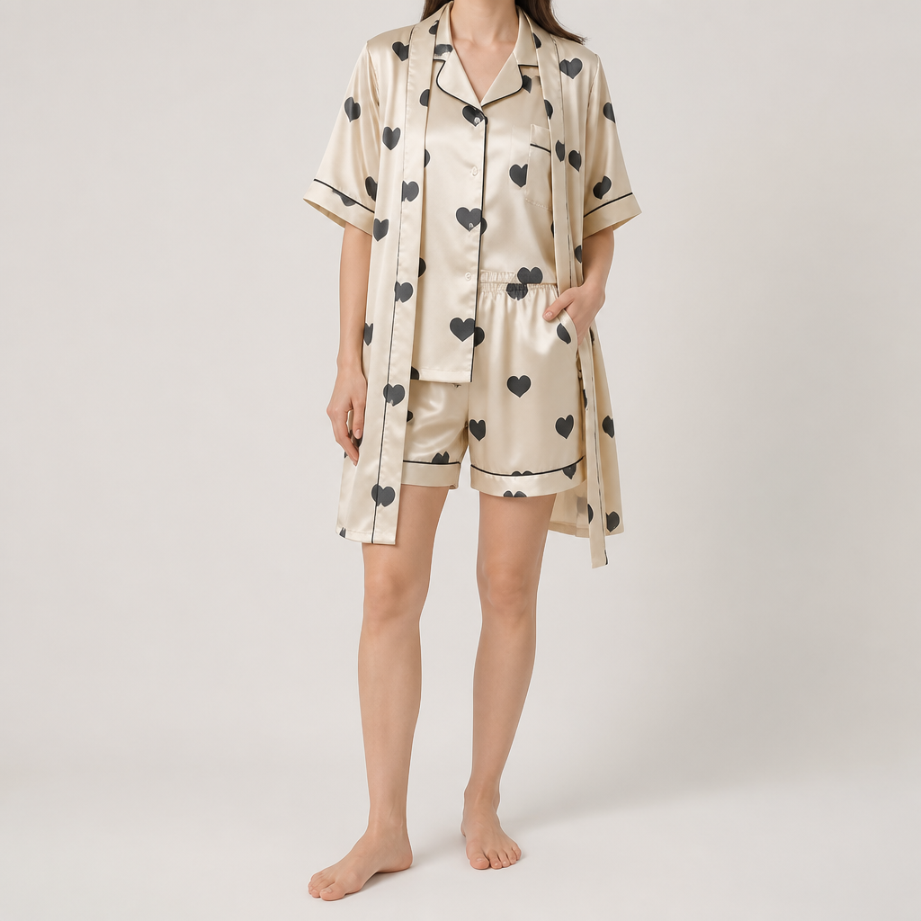 Odette | Womens Short Sleeve Satin Pyjama Set, Cream 3