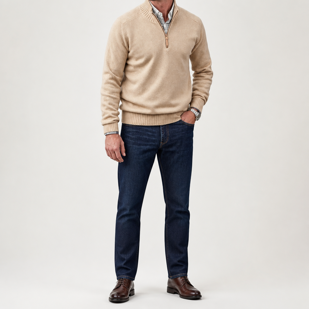 Reuben | Mens Jumper Knitted Stand Collar Warm Winter Sweater, Apricot