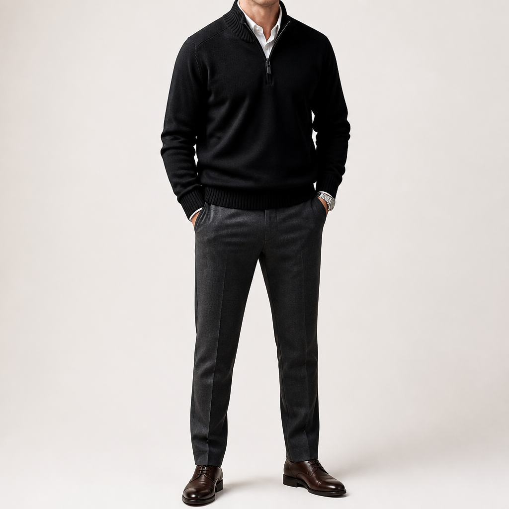 Reuben | Mens Jumper Knitted Stand Collar Warm Winter Sweater, Black
