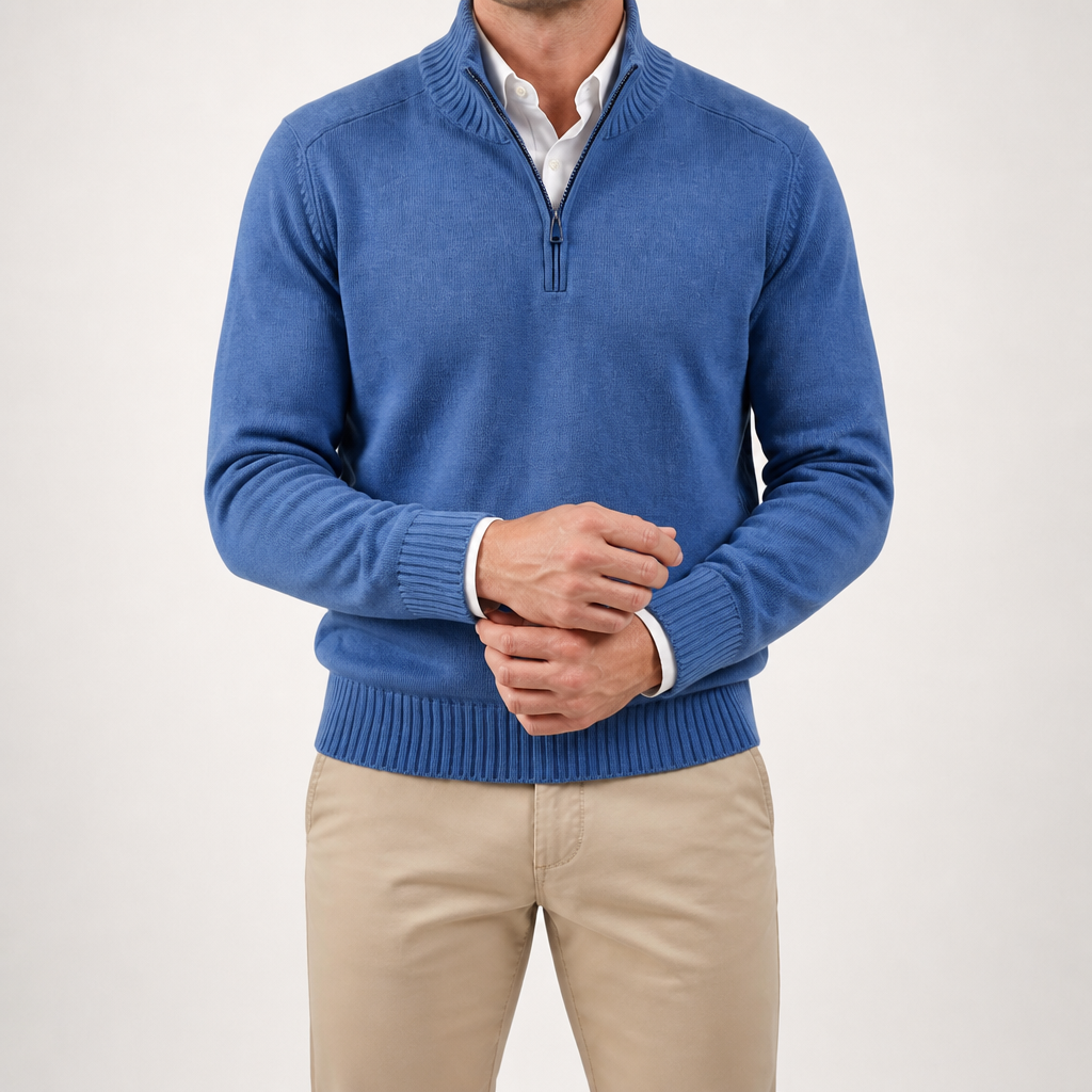 Reuben | Mens Jumper Knitted Stand Collar Warm Winter Sweater, Blue
