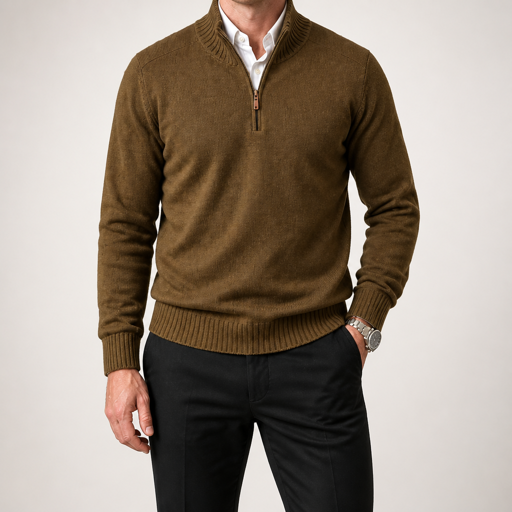 Reuben | Mens Jumper Knitted Stand Collar Warm Winter Sweater, Coffee