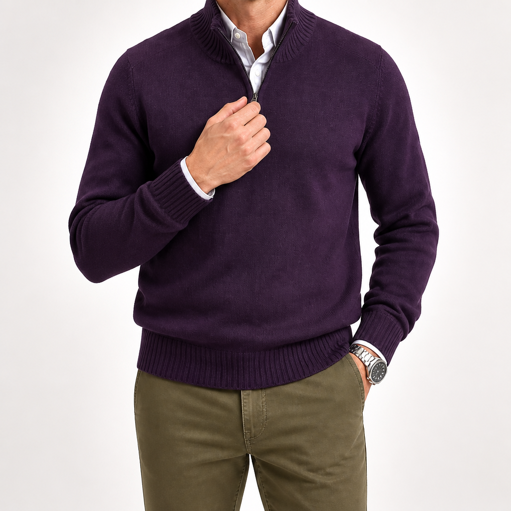 Reuben | Mens Jumper Knitted Stand Collar Warm Winter Sweater, Dark Purple