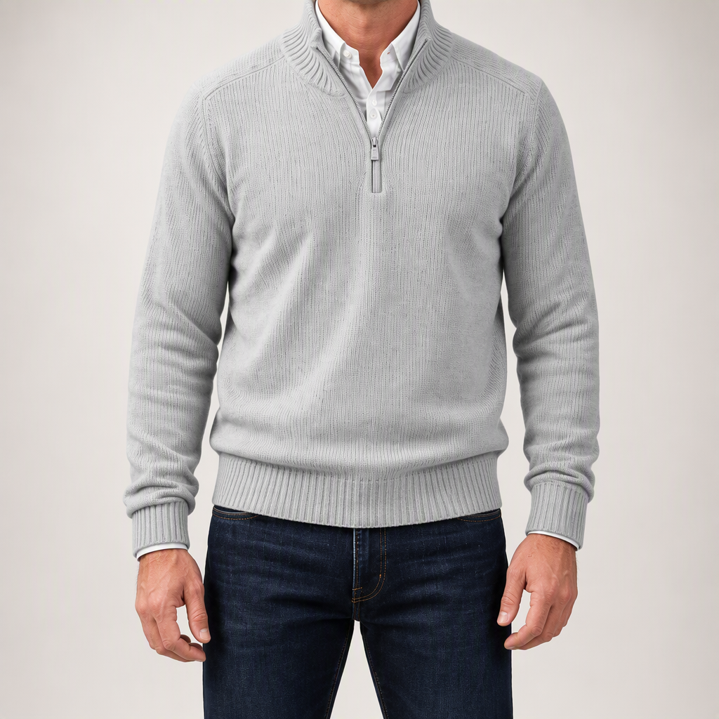 Reuben | Mens Jumper Knitted Stand Collar Warm Winter Sweater, Light Gray