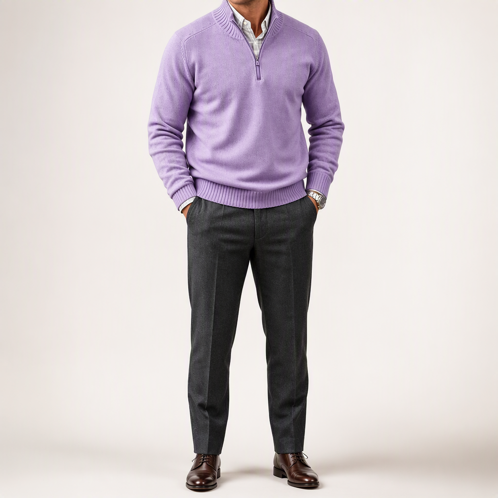 Reuben | Mens Jumper Knitted Stand Collar Warm Winter Sweater, Purple