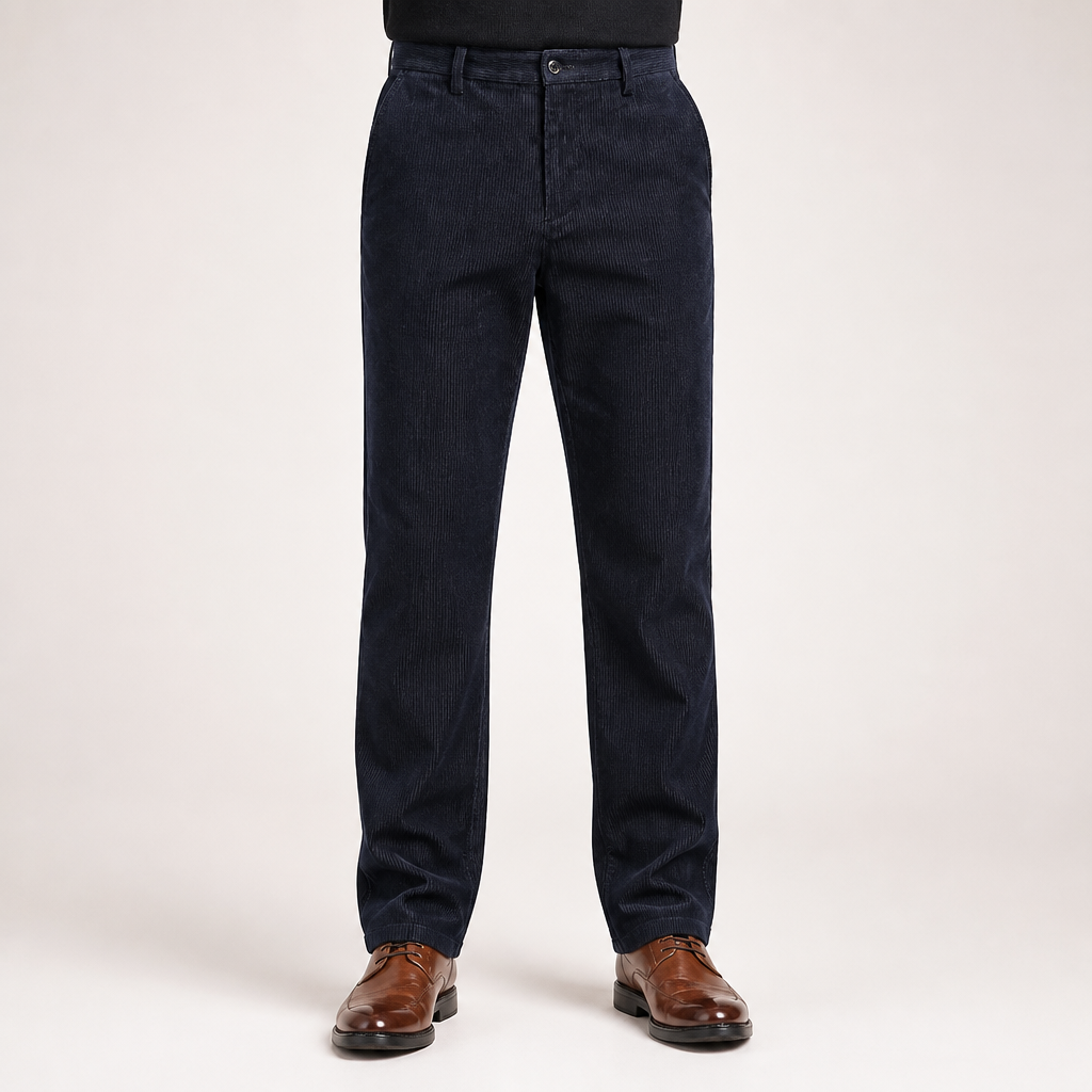Rex | Mens Corduroy Straight Leg Casual Everyday Trousers, Dark Blue