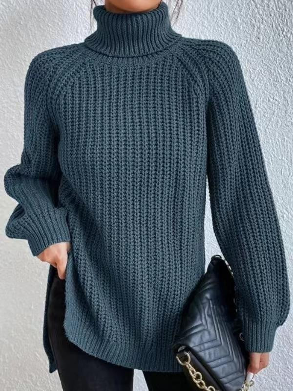 Rhiannon | Womens Raglan Sleeve Split Knitted Jumper Wedding Guest Long Dresses - Dark Blue Grey