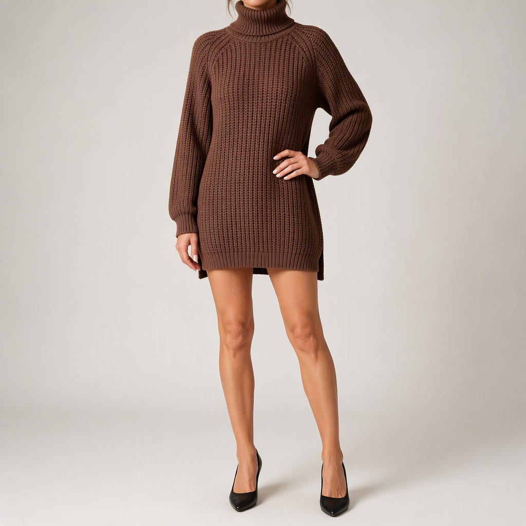 Rhiannon | Womens Wedding Guest Jumper Knitted Split Raglan Sleeve Dresses, Dark Brown