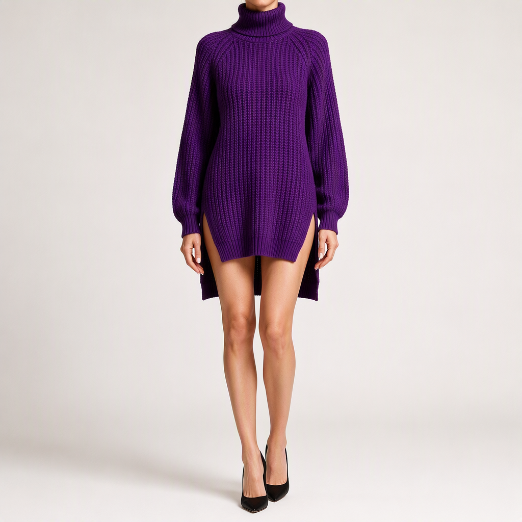 Rhiannon | Womens Wedding Guest Jumper Knitted Split Raglan Sleeve Dresses, Purple