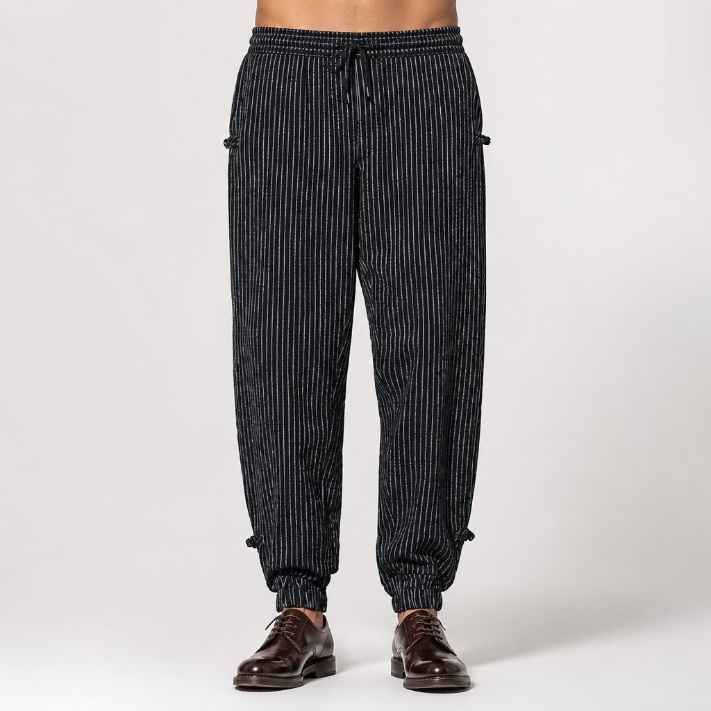 Roderick | Mens Linen Trousers Cotton Casual Tapered Trousers, Black