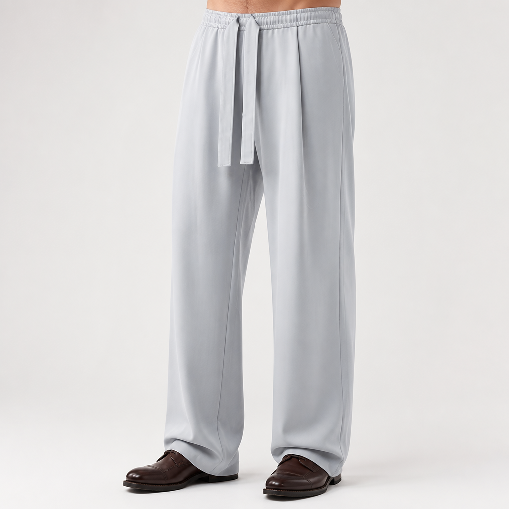 Romilly | Mens Wide Leg High Waisted Straight Leg Quick Dry Casual Trousers, Light Grey