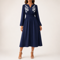 Romy | Womens Wedding Guest Midi Holiday Long Sleeve A-Line Fall Dresses, Navy Blue