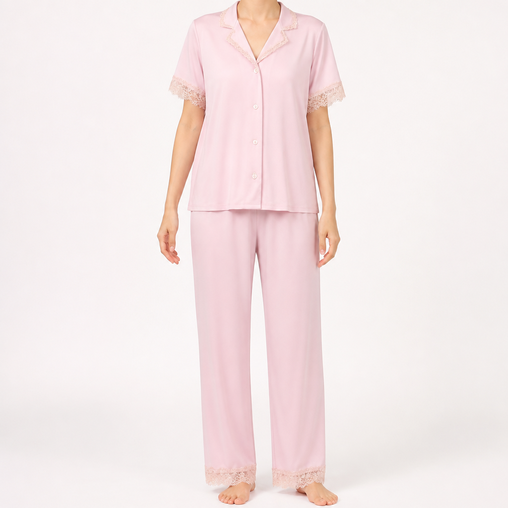 Rosalie | Womens Silk Satin Pyjamas Ice Cool Short Sleeve Loungewear, Pink