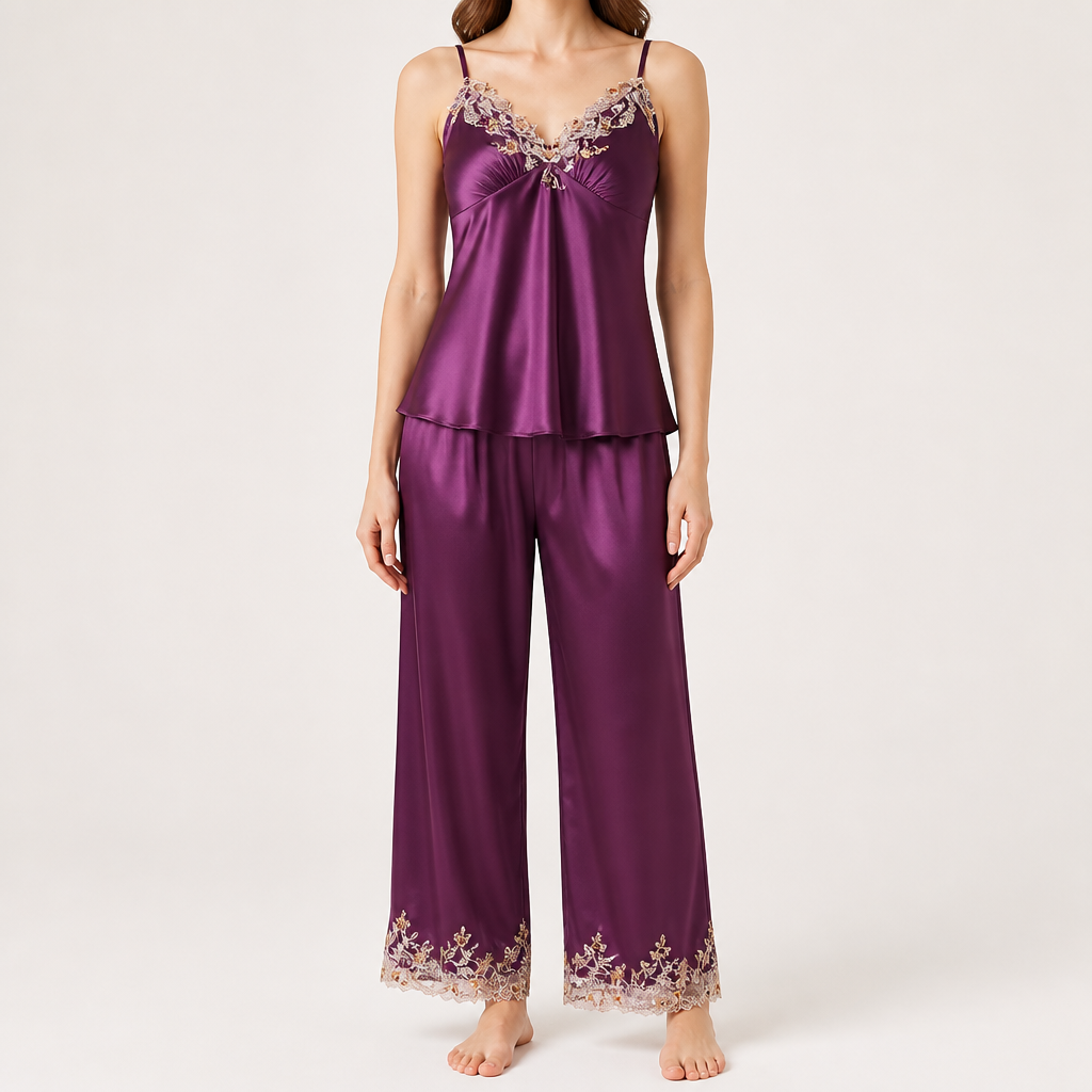 Rosalie | Womens Silk Satin Pyjamas Ice Cool Short Sleeve Loungewear, Plum