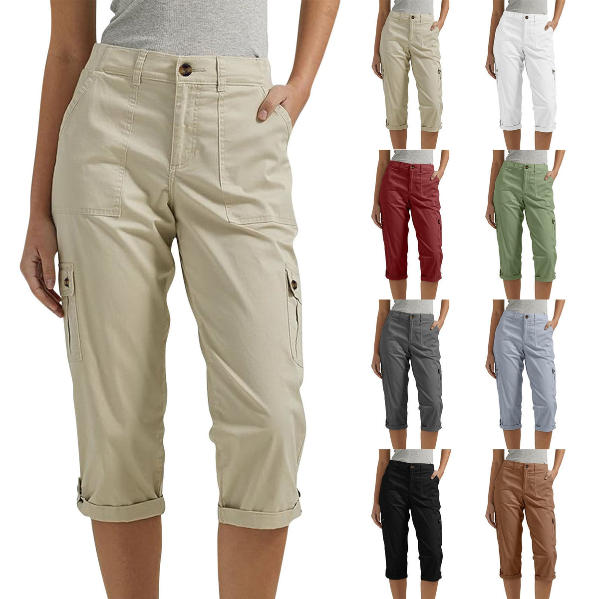 Rosalind | Womens Elastic Waist Pocket Cargo Pants Cropped Trousers - 1