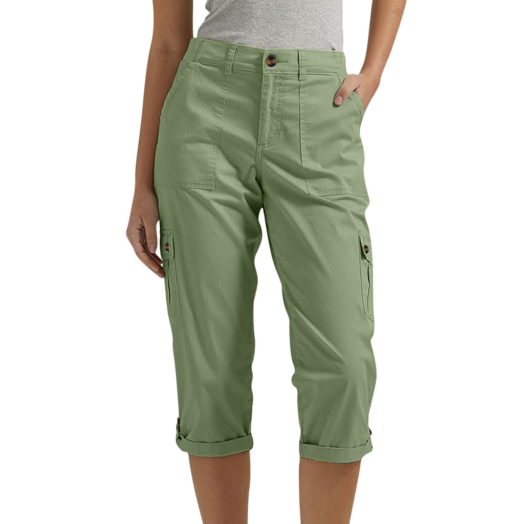 Rosalind | Womens Elastic Waist Pocket Cargo Pants Cropped Trousers - 2