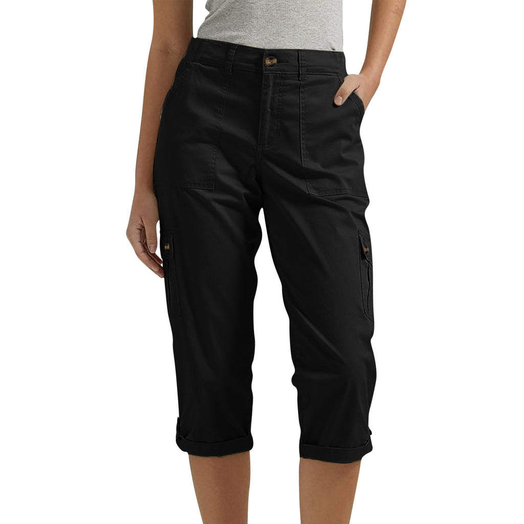 Rosalind | Womens Elastic Waist Pocket Cargo Pants Cropped Trousers - Black