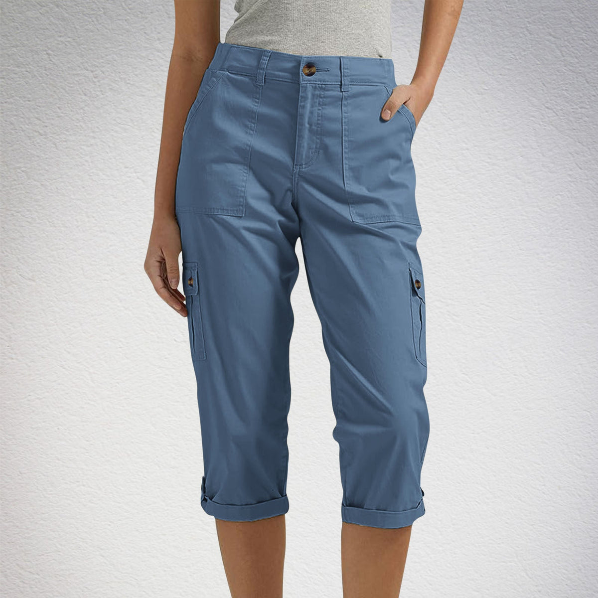 Rosalind | Womens Elastic Waist Pocket Cargo Pants Cropped Trousers - Blue
