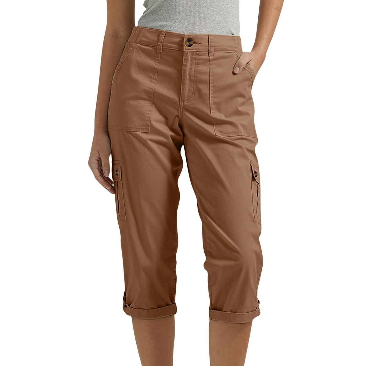 Rosalind | Womens Elastic Waist Pocket Cargo Pants Cropped Trousers - Brown