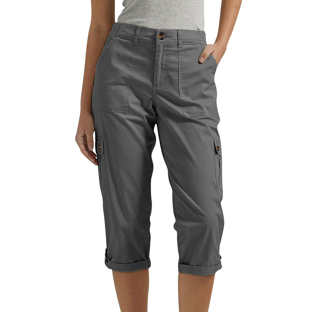 Rosalind | Womens Elastic Waist Pocket Cargo Pants Cropped Trousers - Dark Grey