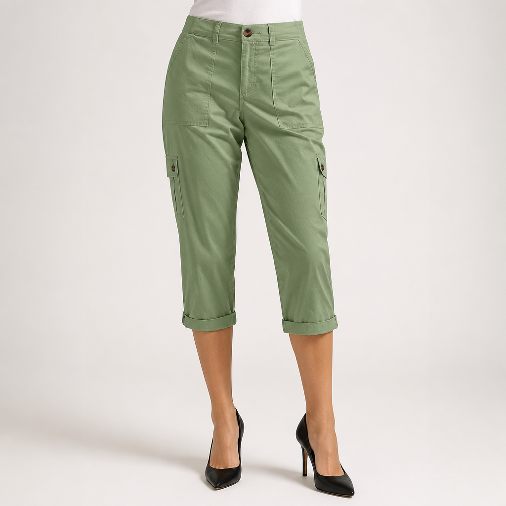 Rosalind | Womens Elastic Waist Pocket Cargo Pants Cropped Trousers, Green