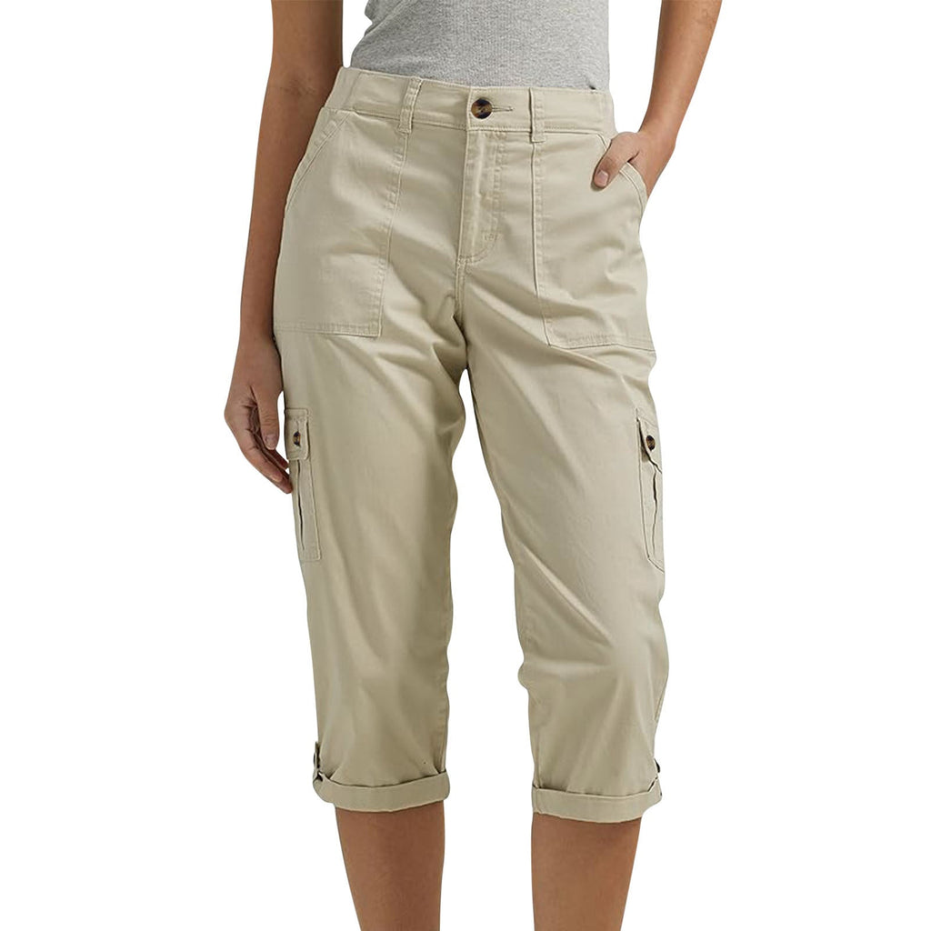 Rosalind | Womens Elastic Waist Pocket Cargo Pants Cropped Trousers - Khaki