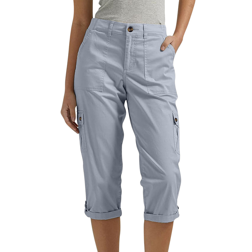 Rosalind | Womens Elastic Waist Pocket Cargo Pants Cropped Trousers - Light Blue