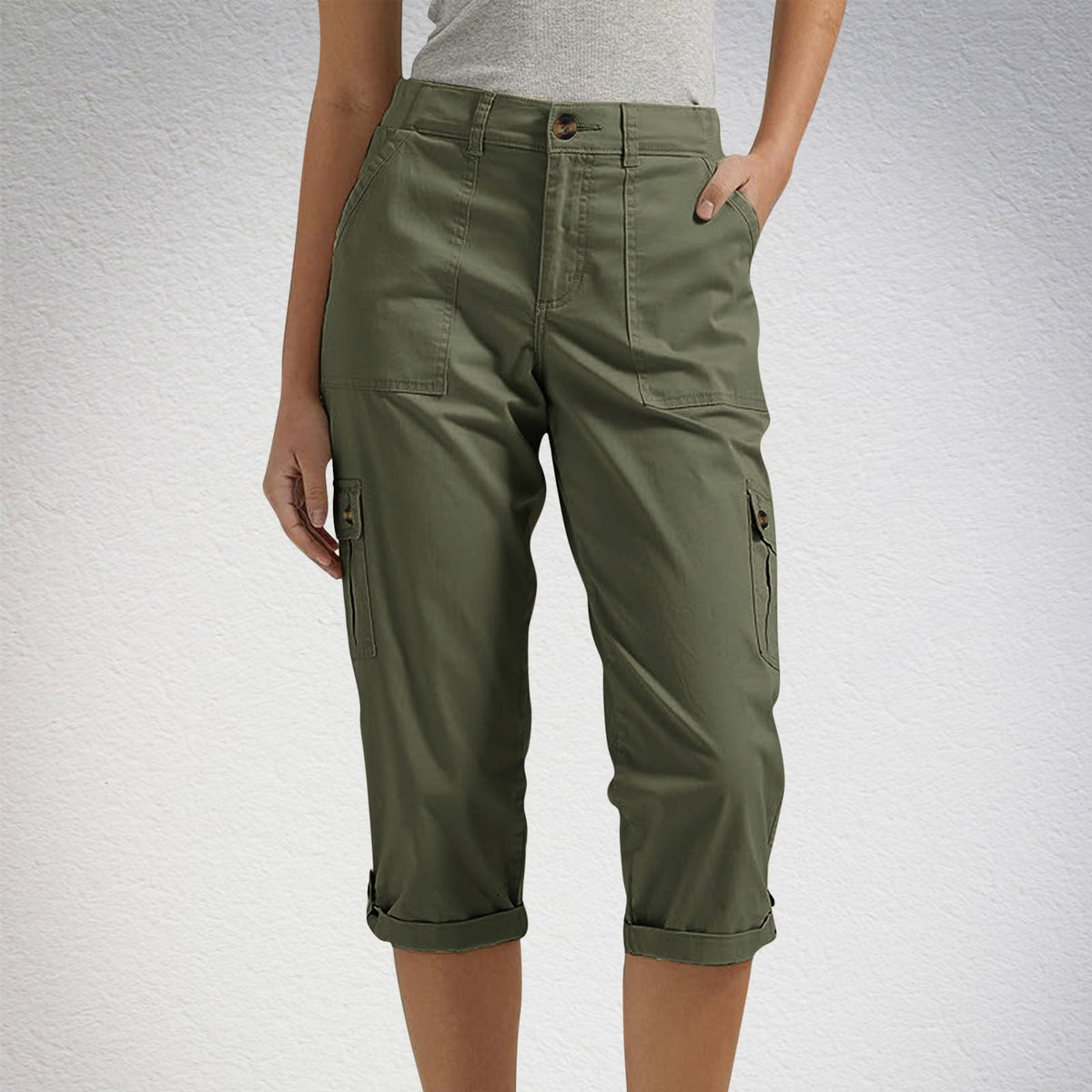 Rosalind | Womens Elastic Waist Pocket Cargo Pants Cropped Trousers - Military Green
