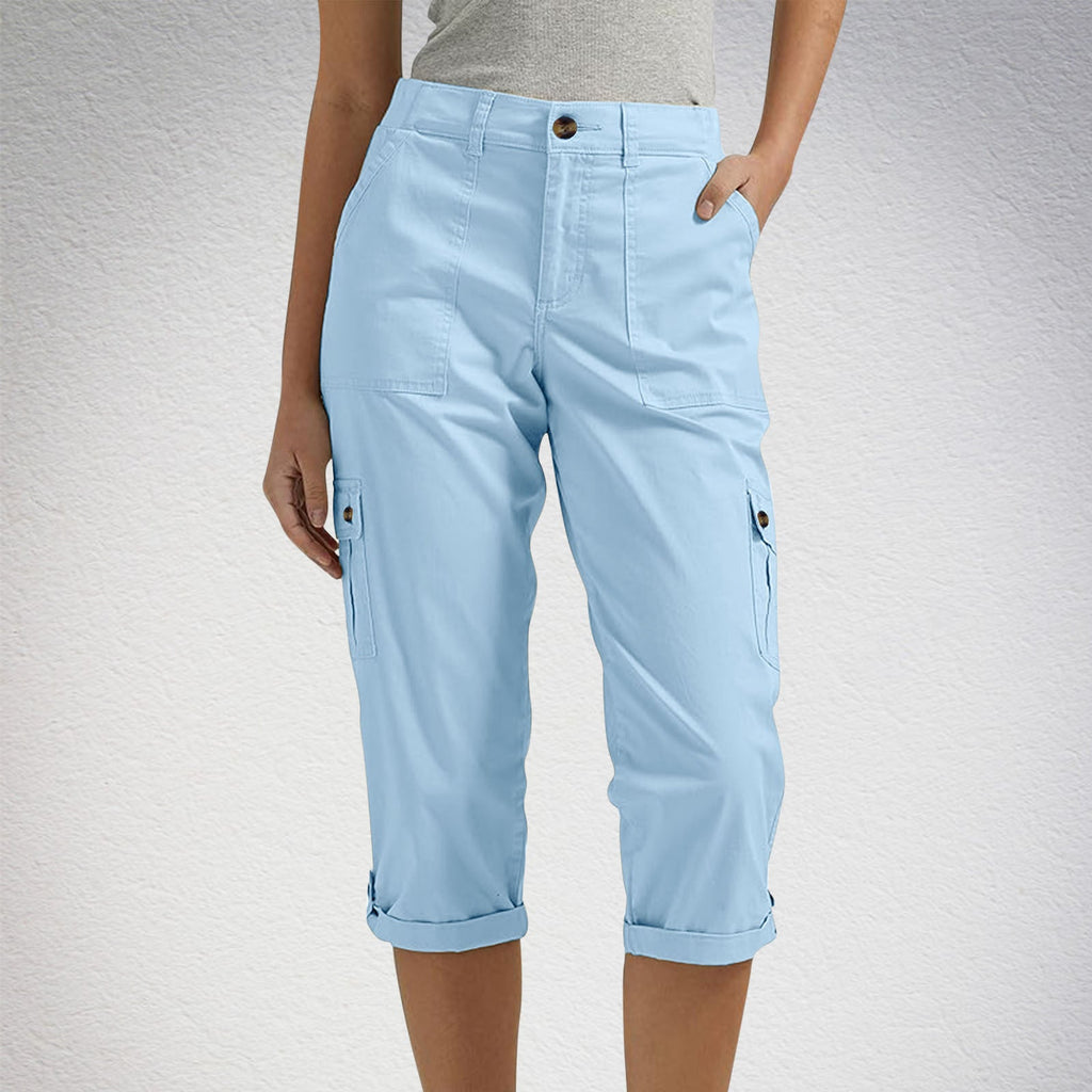 Rosalind | Womens Elastic Waist Pocket Cargo Pants Cropped Trousers - Sky Blue