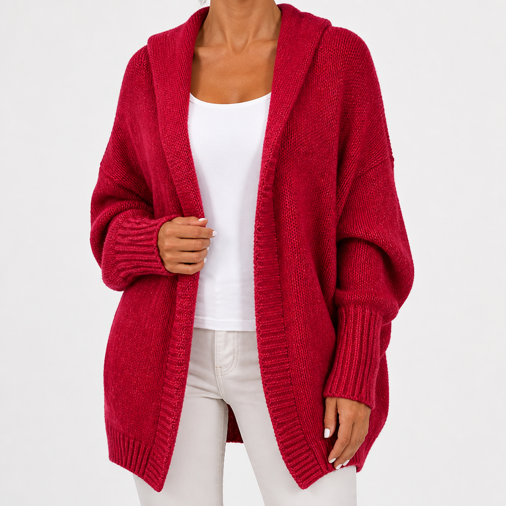 Rosalind | Womens Knitted Jumper Hooded Bat Sleeve Loose Patchwork Sweater, Red