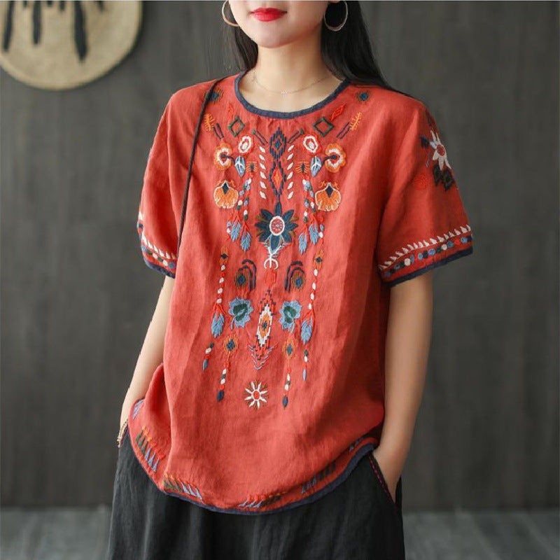 Rosamund | Womens Ethnic Embroidered Cotton Linen Short Sleeve Top - Red