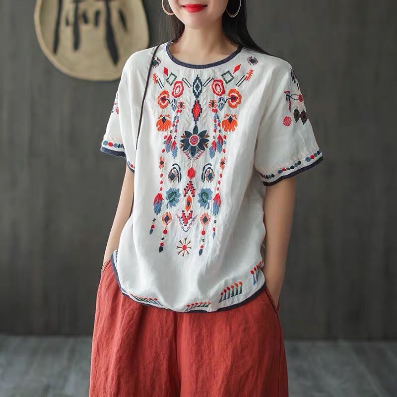 Rosamund | Womens Ethnic Embroidered Cotton Linen Short Sleeve Top - White