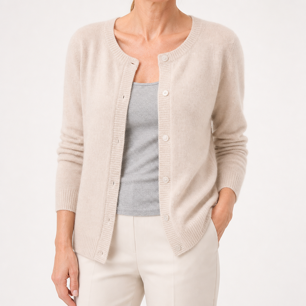 Rowena | Womens Knitted Cardigan Single Breasted Round Neck Jumper Sweater, Apricot