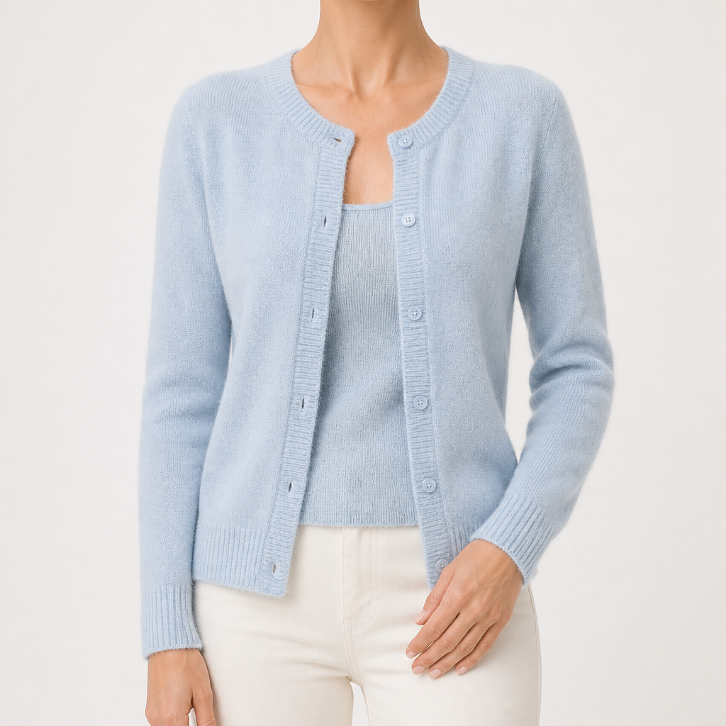 Rowena | Womens Knitted Cardigan Single Breasted Round Neck Jumper Sweater, Light Blue