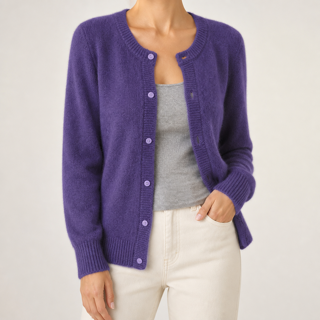 Rowena | Womens Knitted Cardigan Single Breasted Round Neck Jumper Sweater, Purple 2