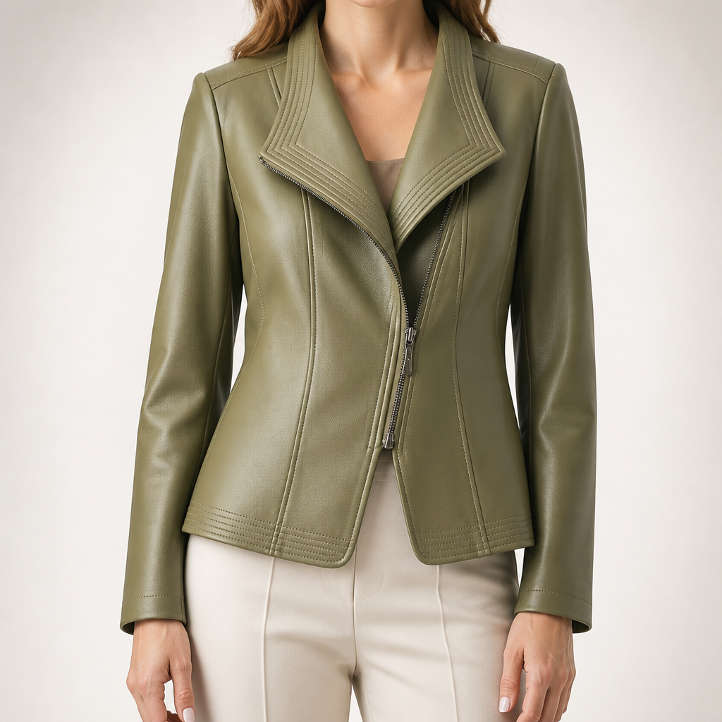 Roxane | Womens Leather Slim Fit Long Sleeve Jacket, Avocado