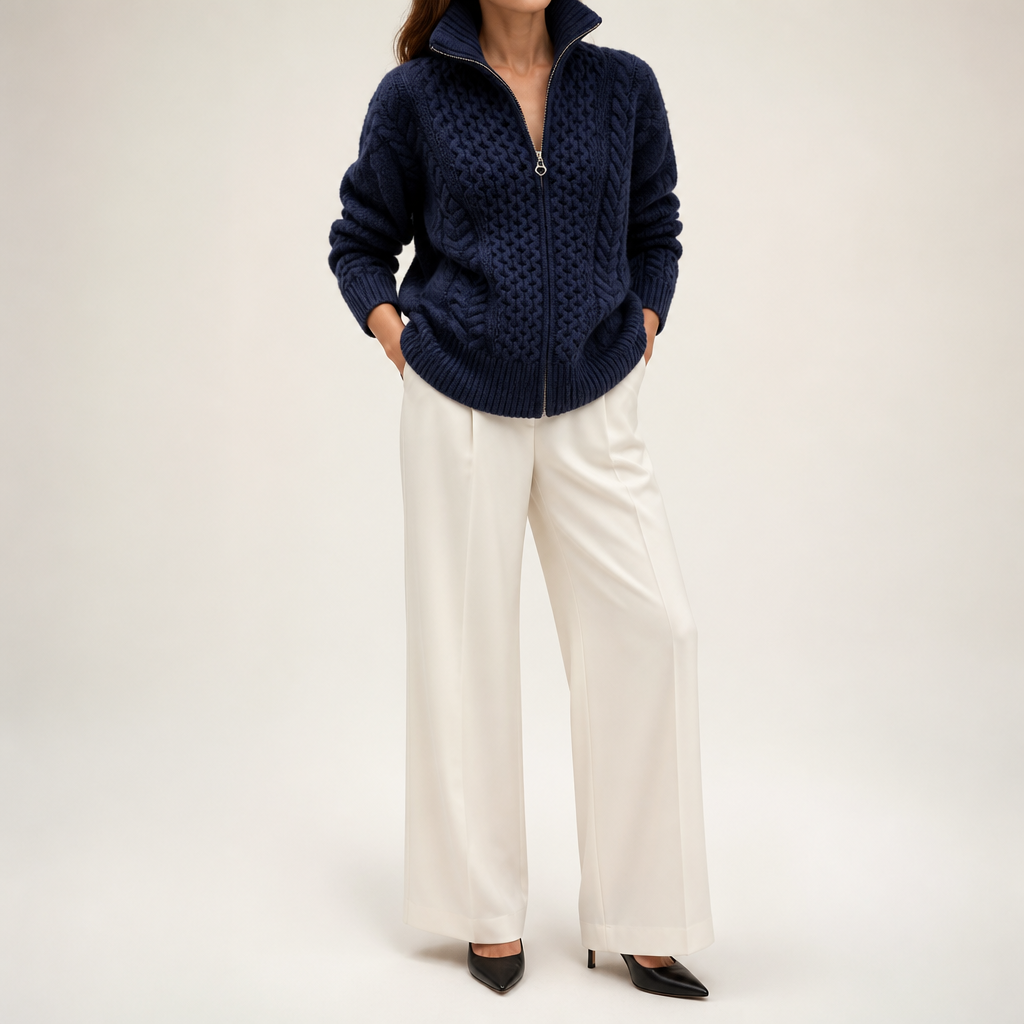 Rufus | Womens Cardigan Knitted Jumper Zip Turtleneck Sweater Jacket, Navy Blue