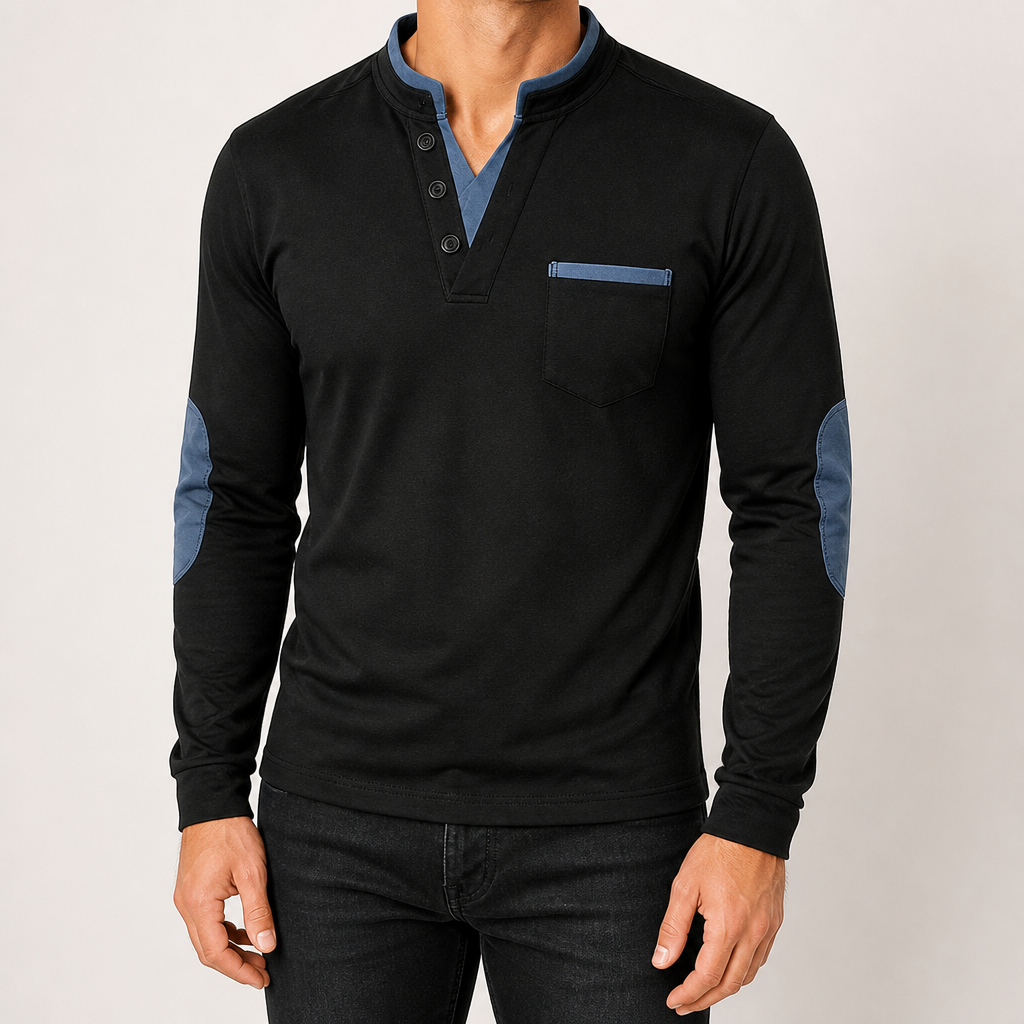 Rupert | Mens Polo Long Sleeve Stand Collar Colour Block Top, Blue