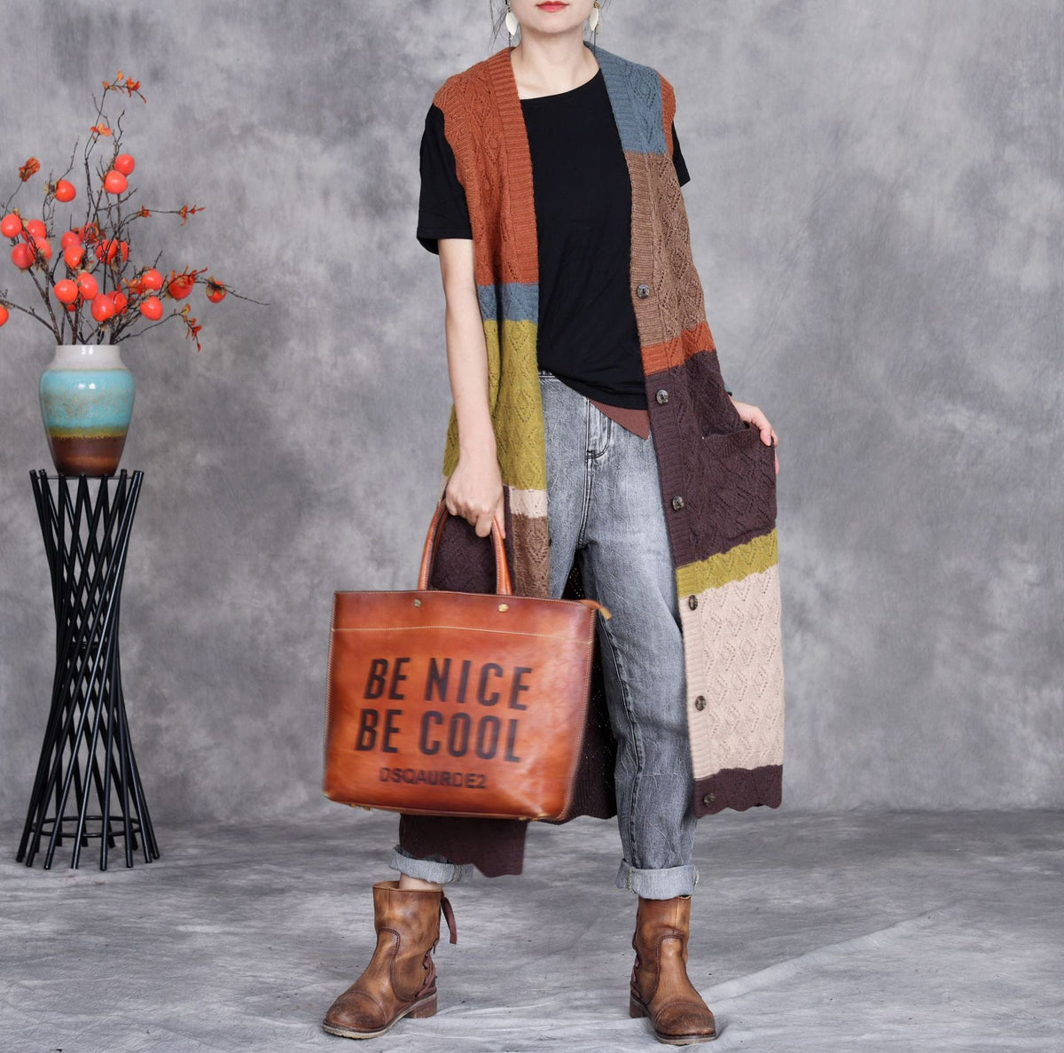 Sabine | Womens Colour Block Knit Longline Sleeveless Cardigan Vest - 3