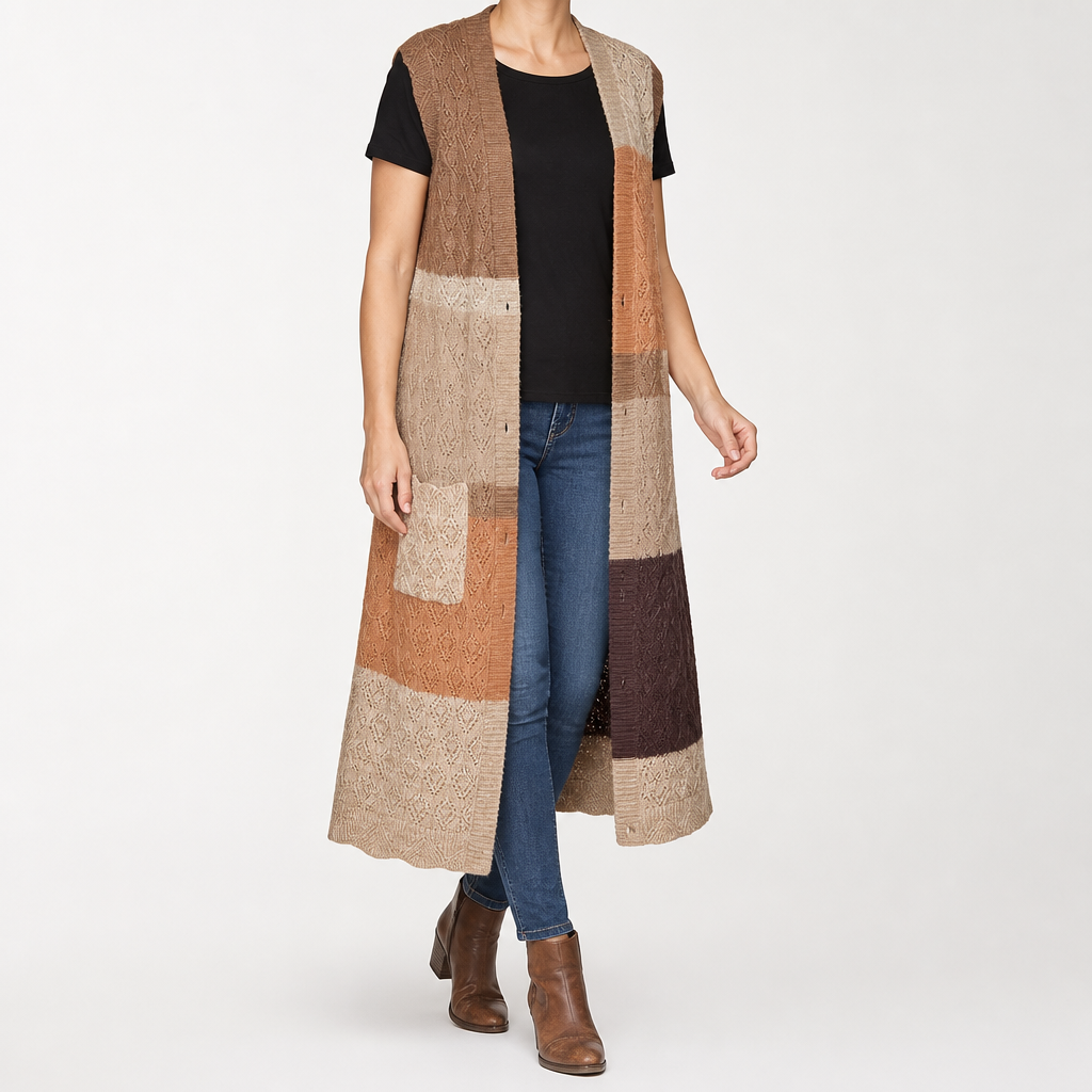 Sabine | Womens Cardigan Longline Knit Colour Block Sleeveless Long Cardigan Vest, Pink
