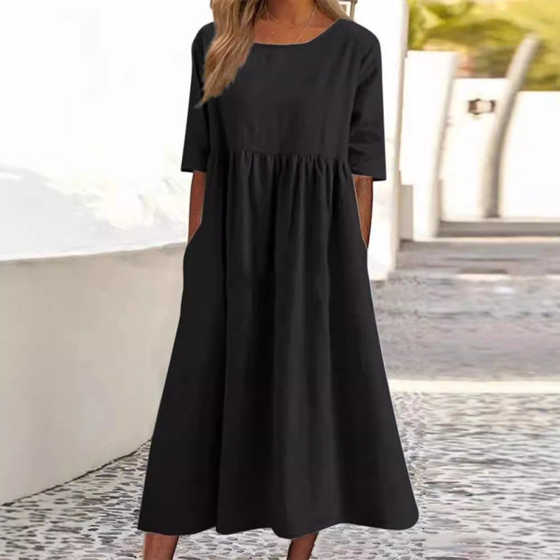 Saoirse | Womens Round Neck Cotton Linen Loose Midi Wedding Guest Summer Dresses - 2