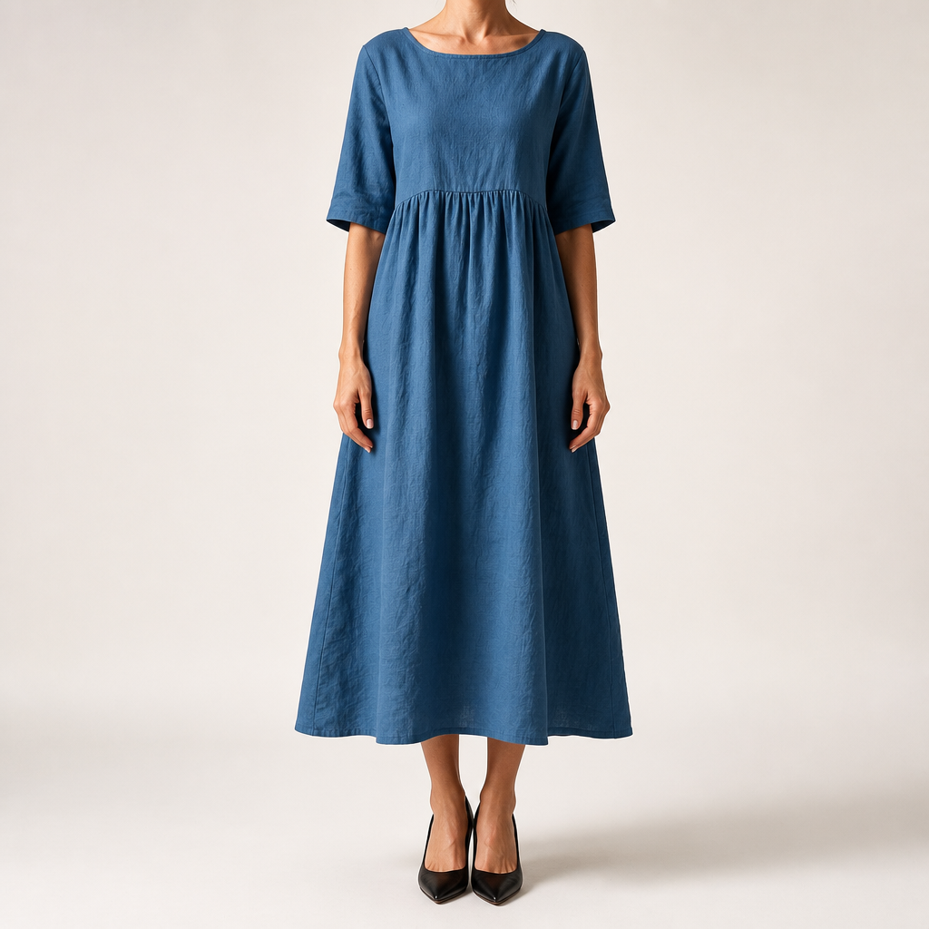 Saoirse | Womens Wedding Guest Summer Midi Cotton Linen Round Neck Dresses, Blue