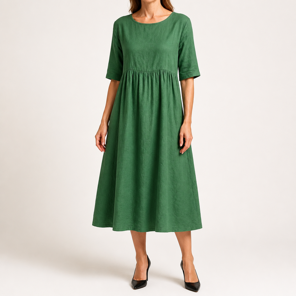 Saoirse | Womens Wedding Guest Summer Midi Cotton Linen Round Neck Dresses, Green