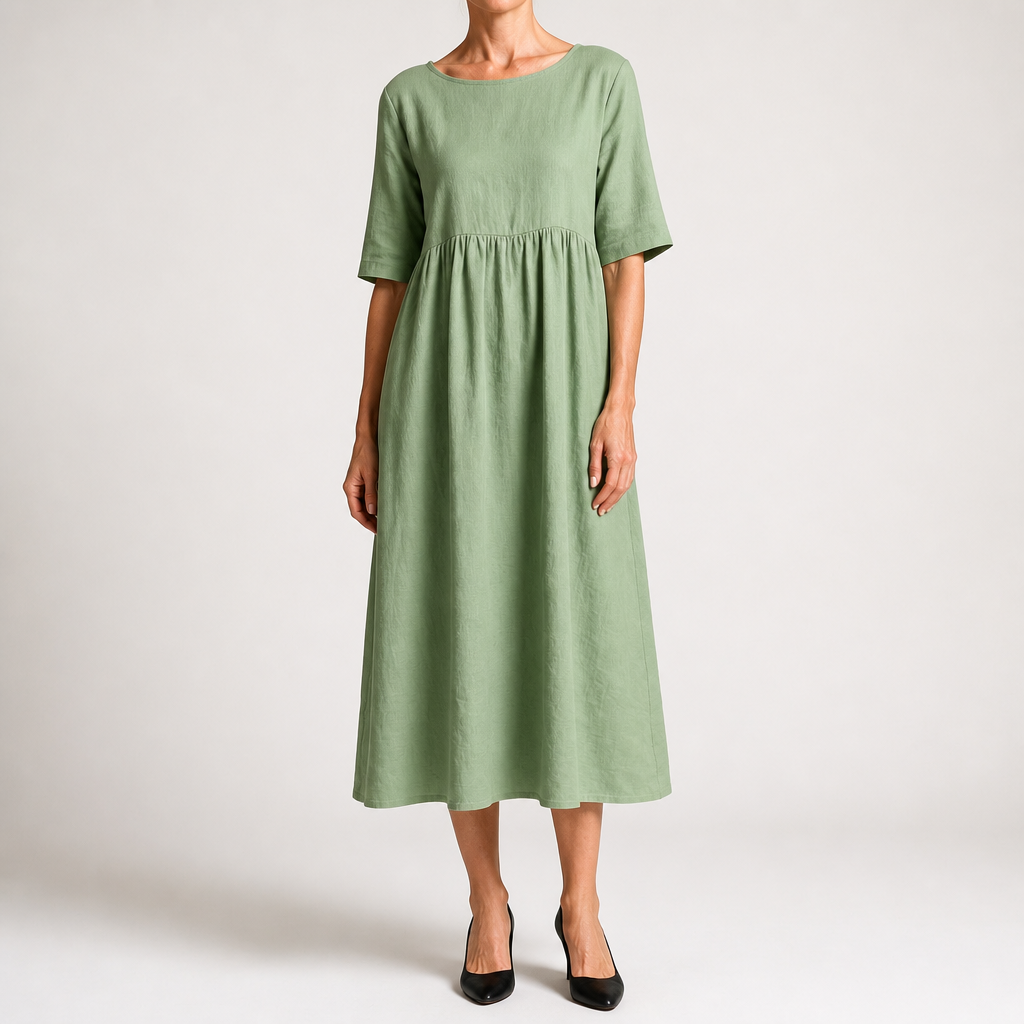 Saoirse | Womens Wedding Guest Summer Midi Cotton Linen Round Neck Dresses, Light Green