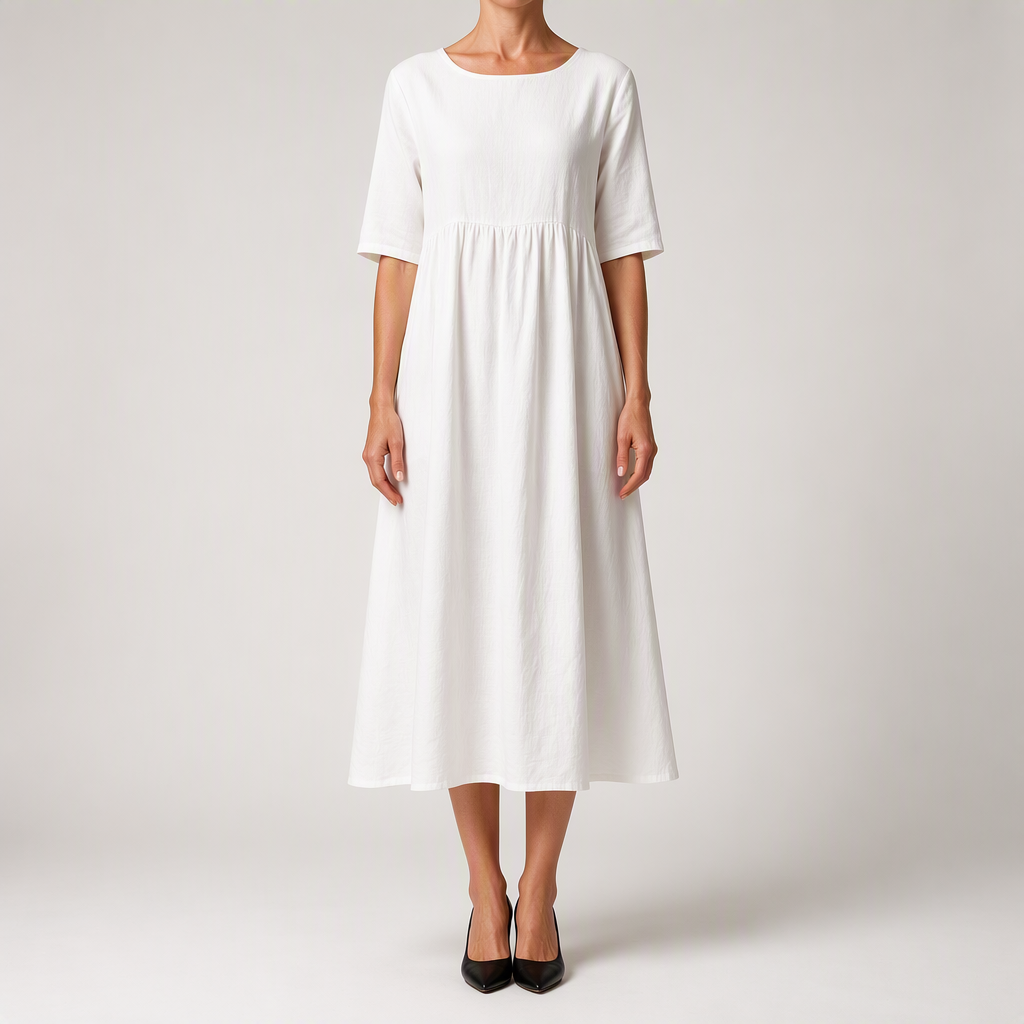 Saoirse | Womens Wedding Guest Summer Midi Cotton Linen Round Neck Dresses, White